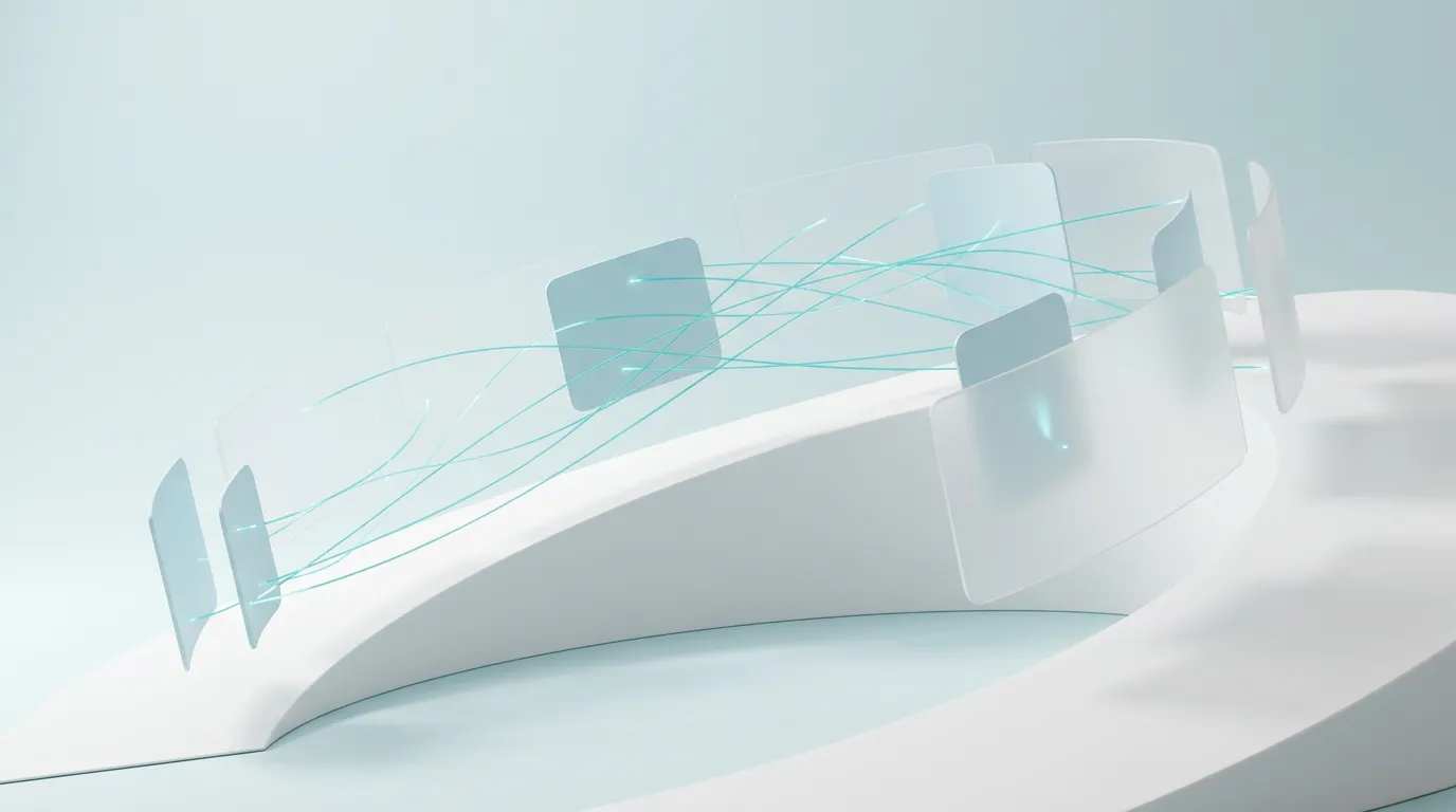 Glass panels connected by teal light lines, a network of financial modules