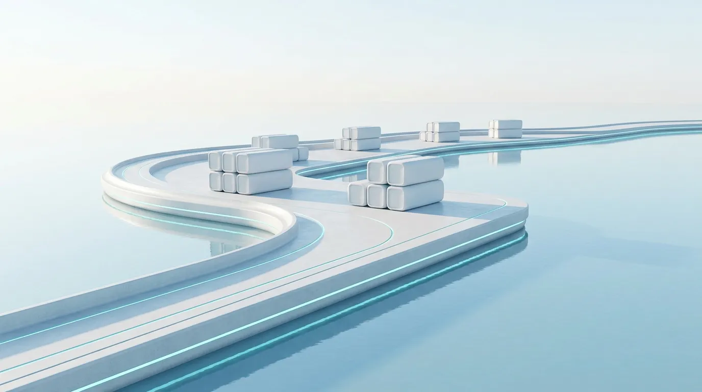 Curving white quay with stacked containers over calm water